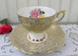 Vintage Soft Green and Gold Chintz Teacup and Saucer with Pink and Yellow Rose