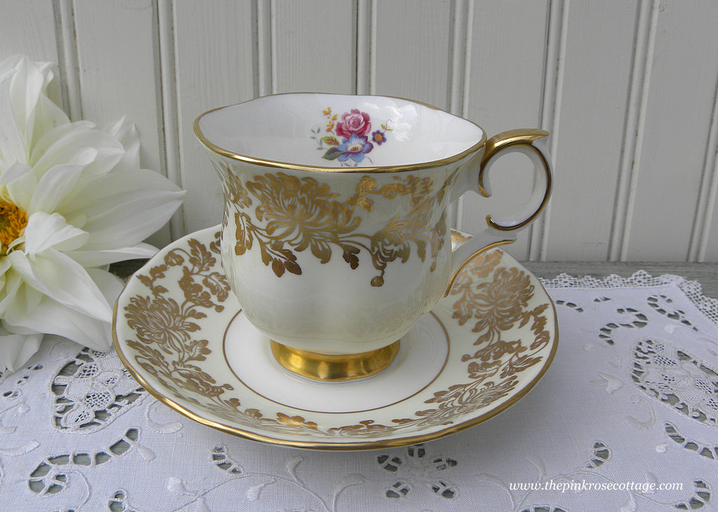 Vintage Soft Cream and Gold Chrysanthemum Teacup and Saucer with Pink Rose
