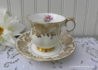 Vintage Soft Cream and Gold Chrysanthemum Teacup and Saucer with Pink Rose