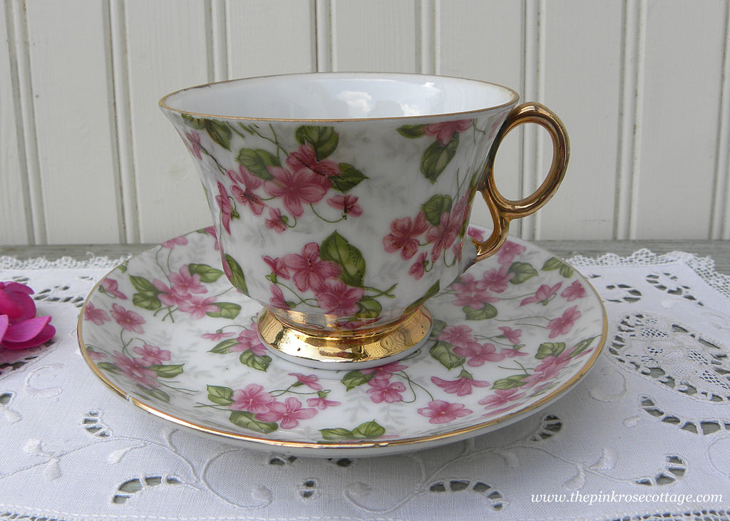 Vintage Pink Violet Chintz Teacup and Saucer