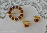 Vintage Purple Amethyst Rhinestone Pin and Earring Set