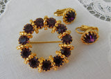 Vintage Purple Amethyst Rhinestone Pin and Earring Set