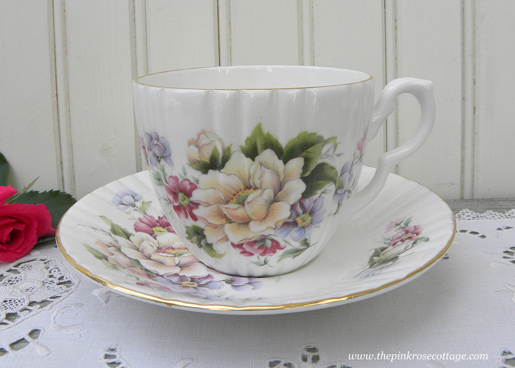 Vintage Teacup and Saucer Wild Pink Roses and Violets