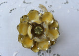 Vintage Enameled Yellow Rose Pin with Large Rhinestone