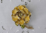 Vintage Enameled Yellow Rose Pin with Large Rhinestone