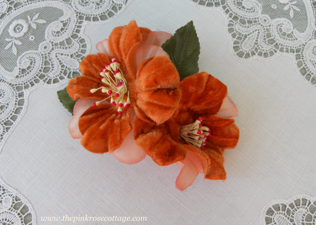 Vintage Velvet Millinery Rust and Peach Flowers Corsage Pin
