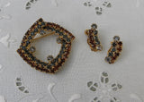 Vintage Brown and Blue Rhinestone Pin and Earring Set