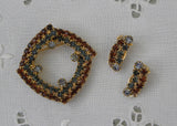 Vintage Brown and Blue Rhinestone Pin and Earring Set