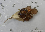 Vintage Smoky Amber Large Rhinestone Floral Pin Brooch