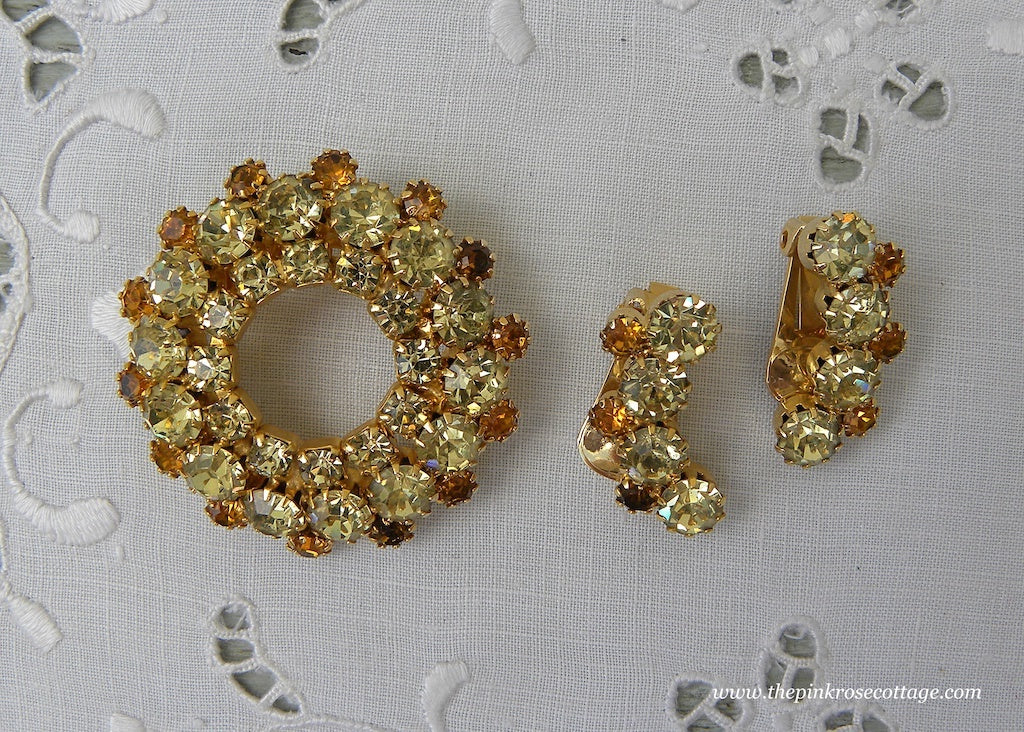 Vintage Yellow and Amber Rhinestone Pin and Earring Set