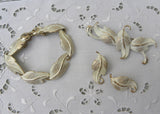Vintage Monet Gold and White Enameled Leaf Leaves Pin Bracelet Earring Set