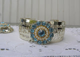 Vintage Blue Rhinestone and Pearl Necklace and Cuff Bracelet Set