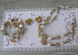 Vintage Pearl Filagree and Glass Beads Necklace Bracelet and Earrings Set