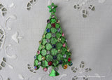 Vintage MYLU Green Christmas Tree Pin with Rhinestone Ornaments