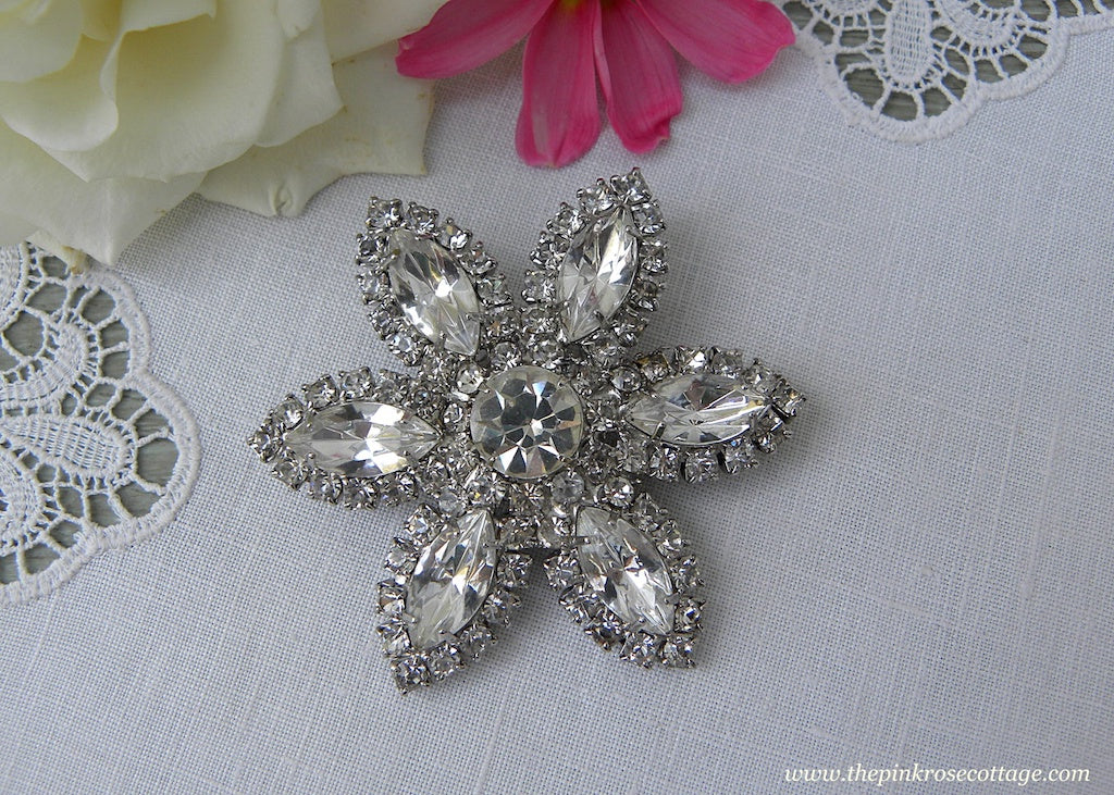 Vintage Marquee and Round Rhinestone Flower Pin Brooch