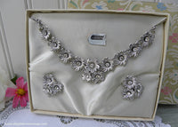 Vintage Silver Floral Rhinestone Necklace and Earring Set in Original Box
