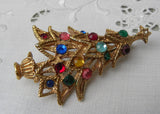 Vintage Gold Christmas Tree Pin with Pink Blue Red Green Rhinestones