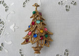 Vintage Gold Christmas Tree Pin with Pink Blue Red Green Rhinestones