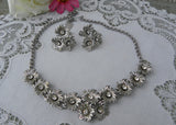 Vintage Silver Floral Rhinestone Necklace and Earring Set in Original Box