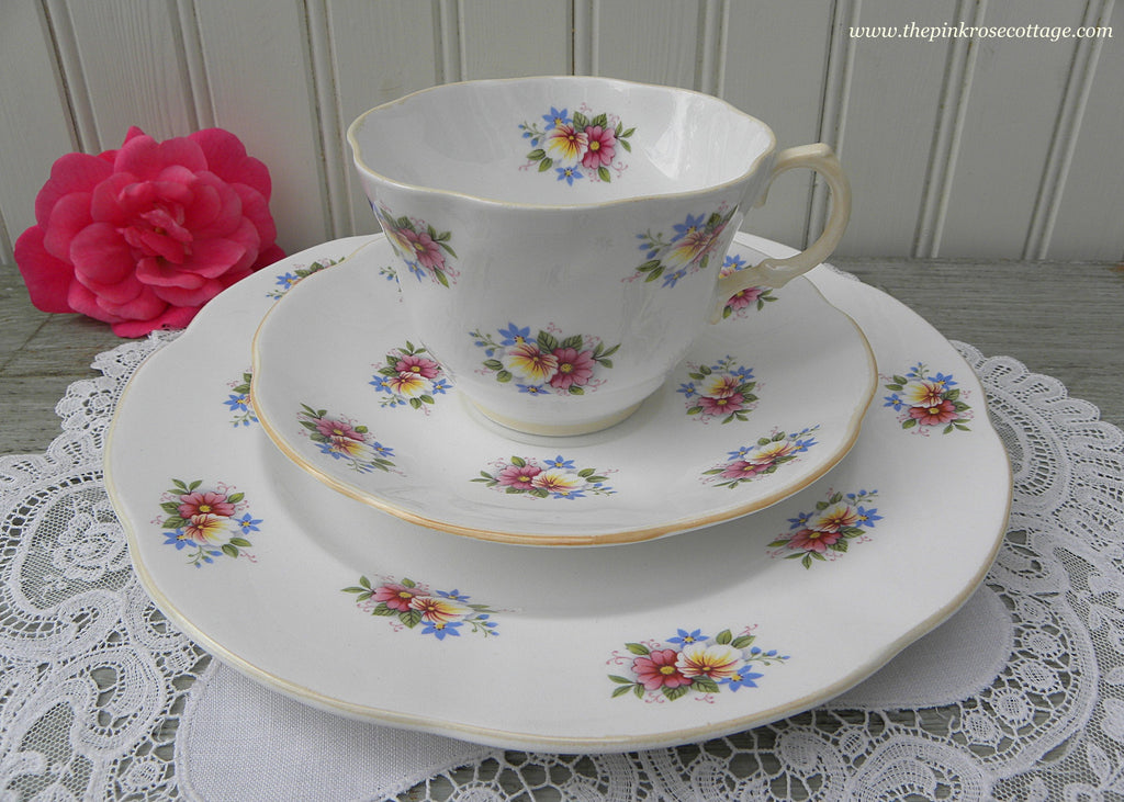 Vintage Rosina Pansies Daisies and Forget Me Nots Teacup Saucer and Plate