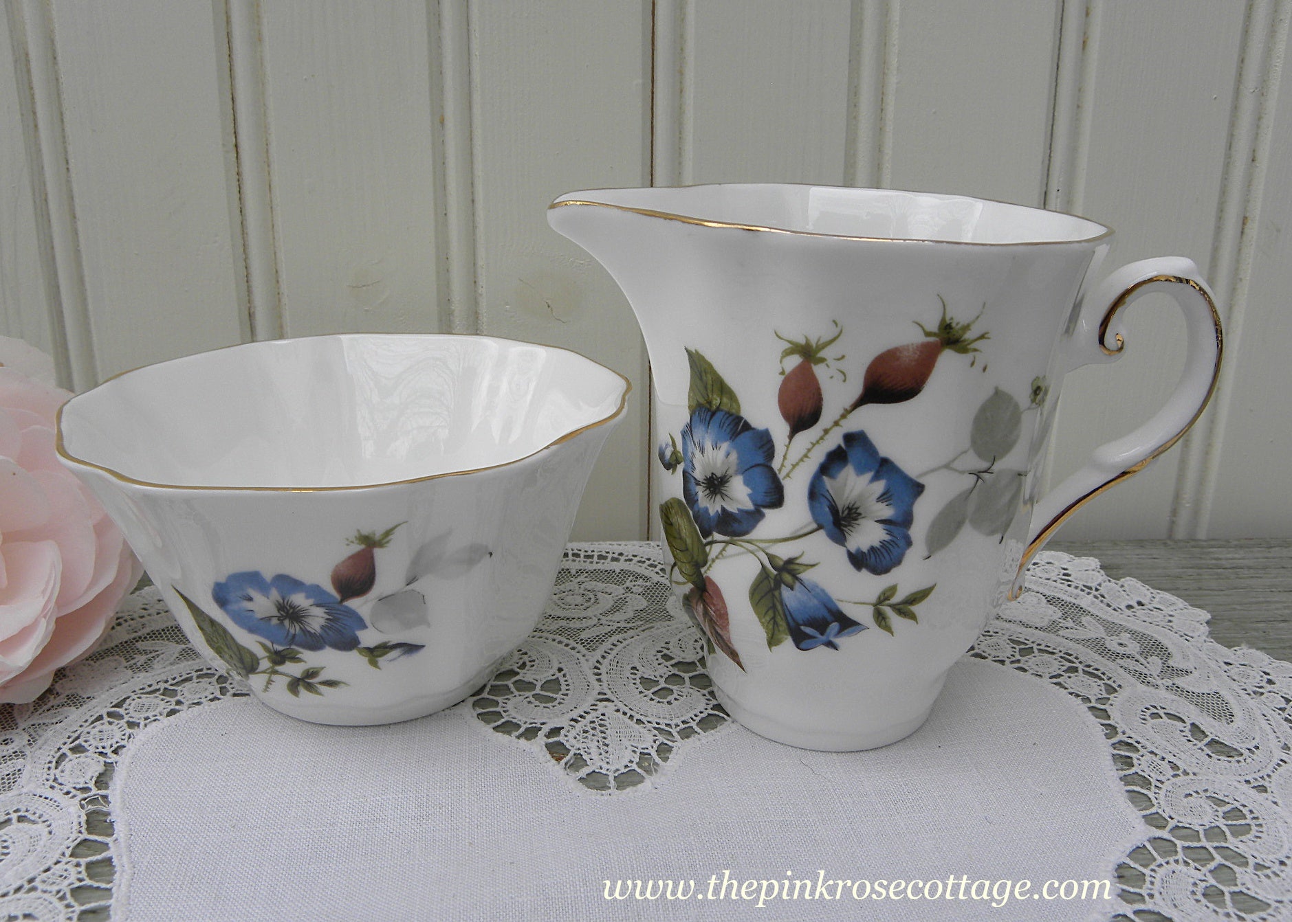 Vintage Blue Morning Glories Open Sugar Bowl and Creamer | The