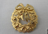 Vintage Brushed Gold Christmas Wreath Pin