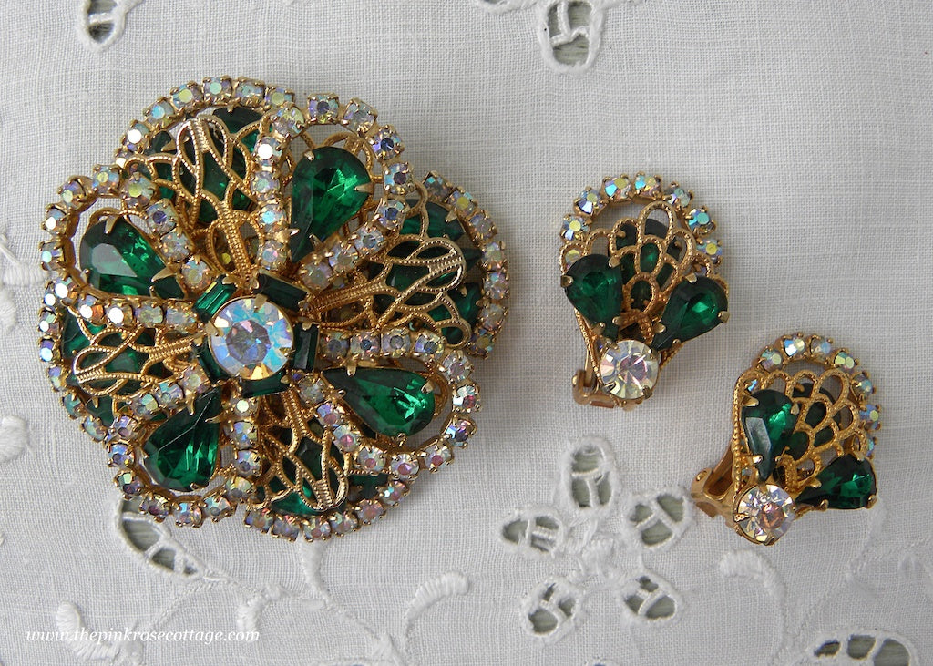 Vintage Emerald Green and Aurora Borealis Rhinestone Filagree Pin and Earrings