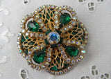 Vintage Emerald Green and Aurora Borealis Rhinestone Filagree Pin and Earrings