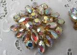 Vintage Aurora Borealis Rhinestone Large Brooch and Earring Set