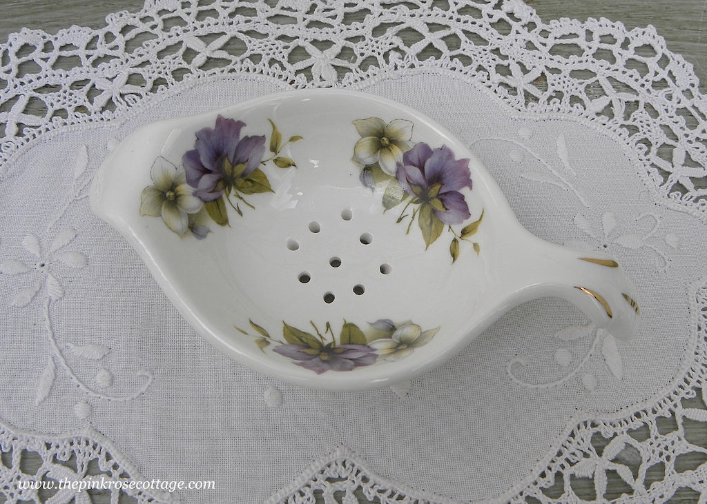 Purple and White Cottage Violets Tea Strainer Bone China