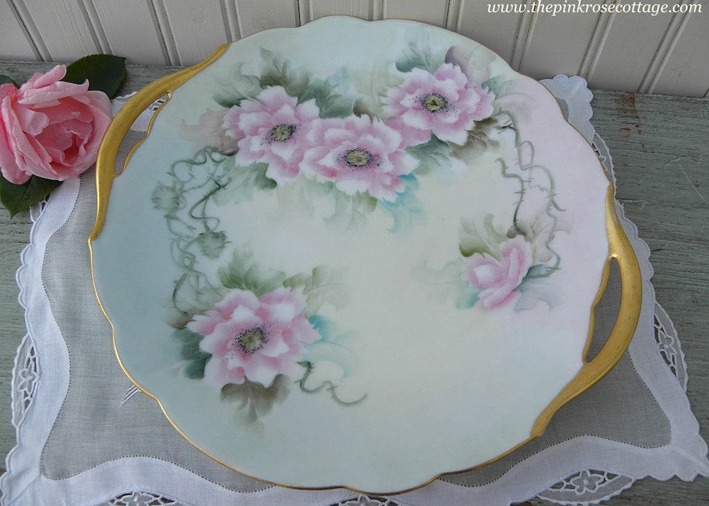 Vintage Hand Painted Wild Pink Roses Cake Dessert Serving Plate