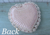 Vintage Hand Made Satin Ribbon Crocheted Pink Heart Pillow
