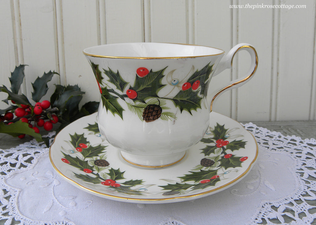 Vintage Royal Grafton Christmas Holly Pinecones Teacup and Saucer