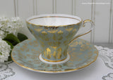 Vintage Aynsley Soft Green Gold Gilt Chintz Corset Teacup and Saucer