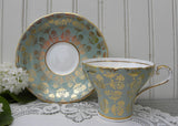 Vintage Aynsley Soft Green Gold Gilt Chintz Corset Teacup and Saucer