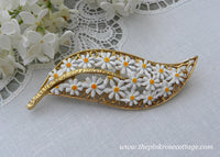 Vintage Gold and Enameled Daisy Daises Leaf Pin Brooch