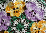 Large Vintage Hand Crocheted Purple and Yellow Pansies Pansy Doily - The Pink Rose Cottage 