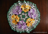 Large Vintage Hand Crocheted Purple and Yellow Pansies Pansy Doily - The Pink Rose Cottage 