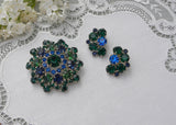 Vintage Blue and Green Rhinestone Brooch and Earrings Set