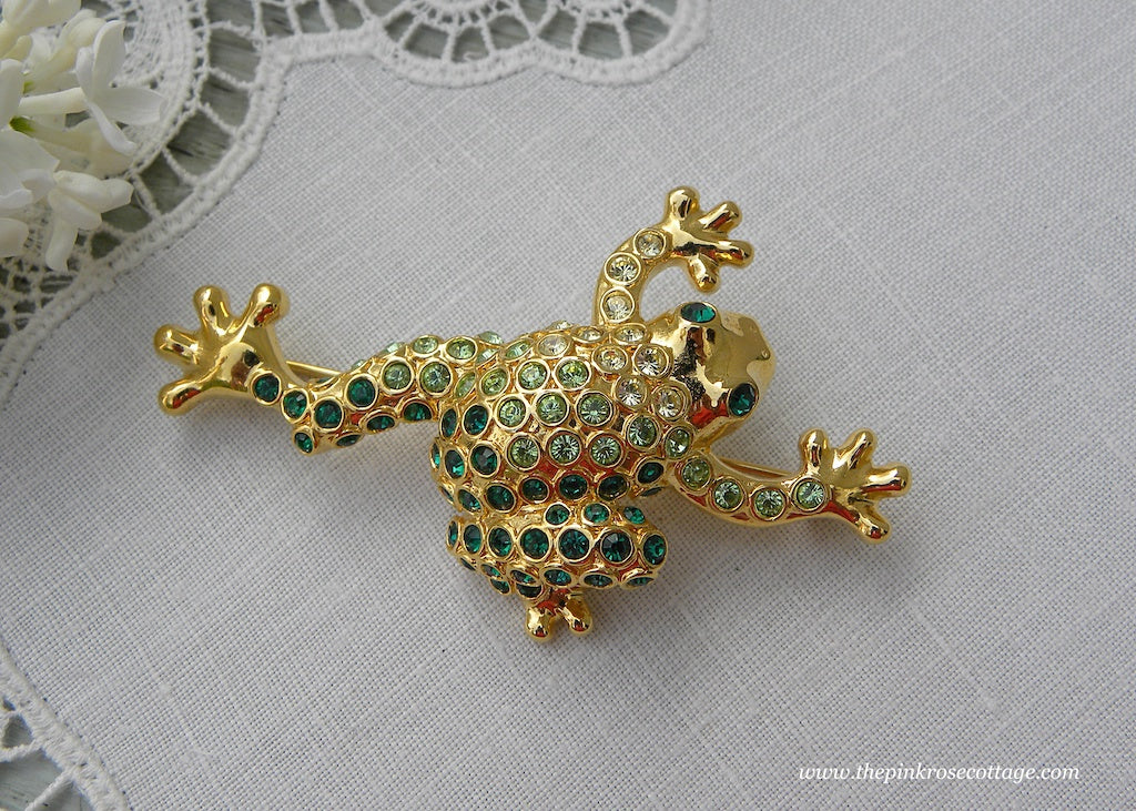 Vintage Monet Rhinestone Green Frog Pin
