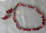 Vintage Tagged Eugene Red Aurora Borealis Beaded Necklace and Earrings