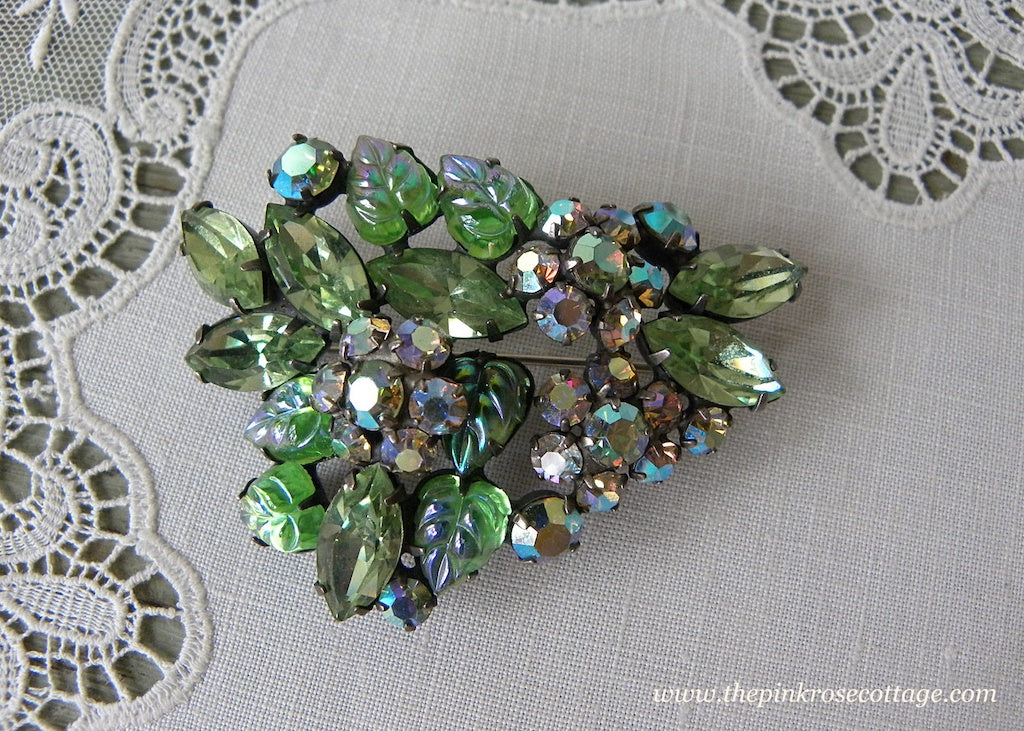 Vintage Floral Green Molded Glass Rhinestone Brooch Pin