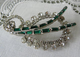 Vintage Paisley Clear and Emerald Green Rhinestone Pin Brooch