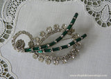 Vintage Paisley Clear and Emerald Green Rhinestone Pin Brooch