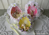 3 Vintage Hand Made Real Egg Easter Ornaments with Bunnies - The Pink Rose Cottage 
