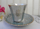 Vintage Iridescent Teal and Gold Footed Demitasse Teacup and Saucer