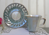 Vintage Iridescent Teal and Gold Footed Demitasse Teacup and Saucer