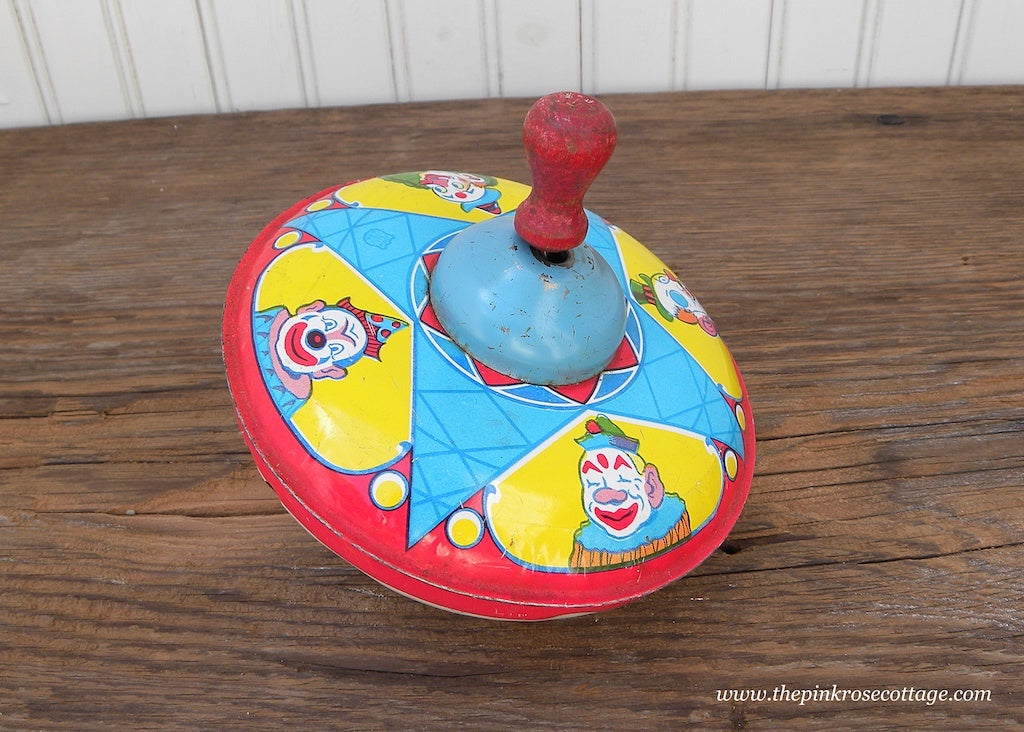 Vintage Chen Toy Co Metal Spinning Toy Top with Circus Clowns