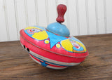 Vintage Chen Toy Co Metal Spinning Toy Top with Circus Clowns