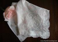 Vintage Madeira Monogrammed F Embroidered Pink Handkerchief